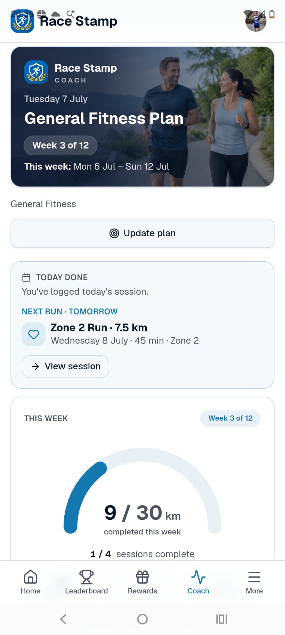Race Stamp Coach general fitness plan showing week 3 of 12