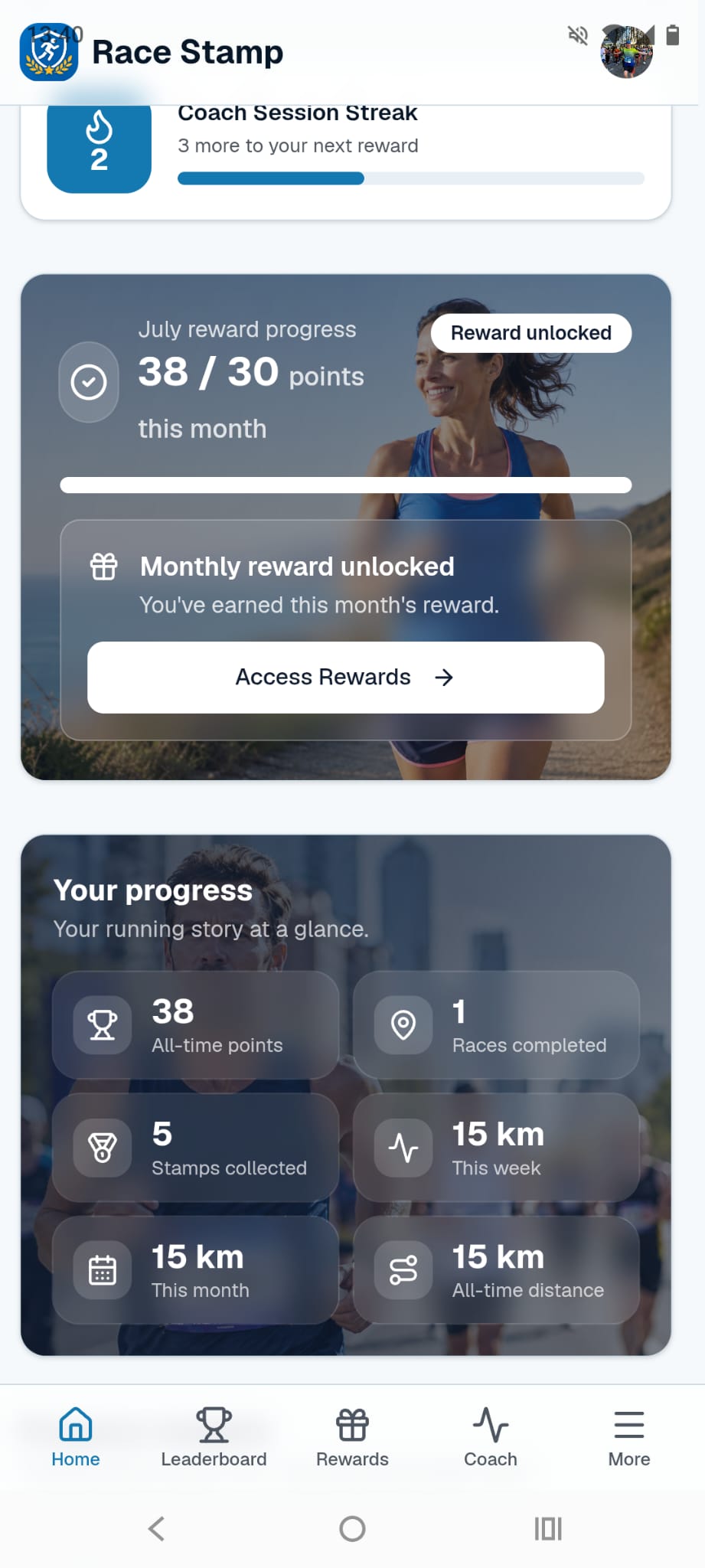Race Stamp monthly reward progress and all-time running stats