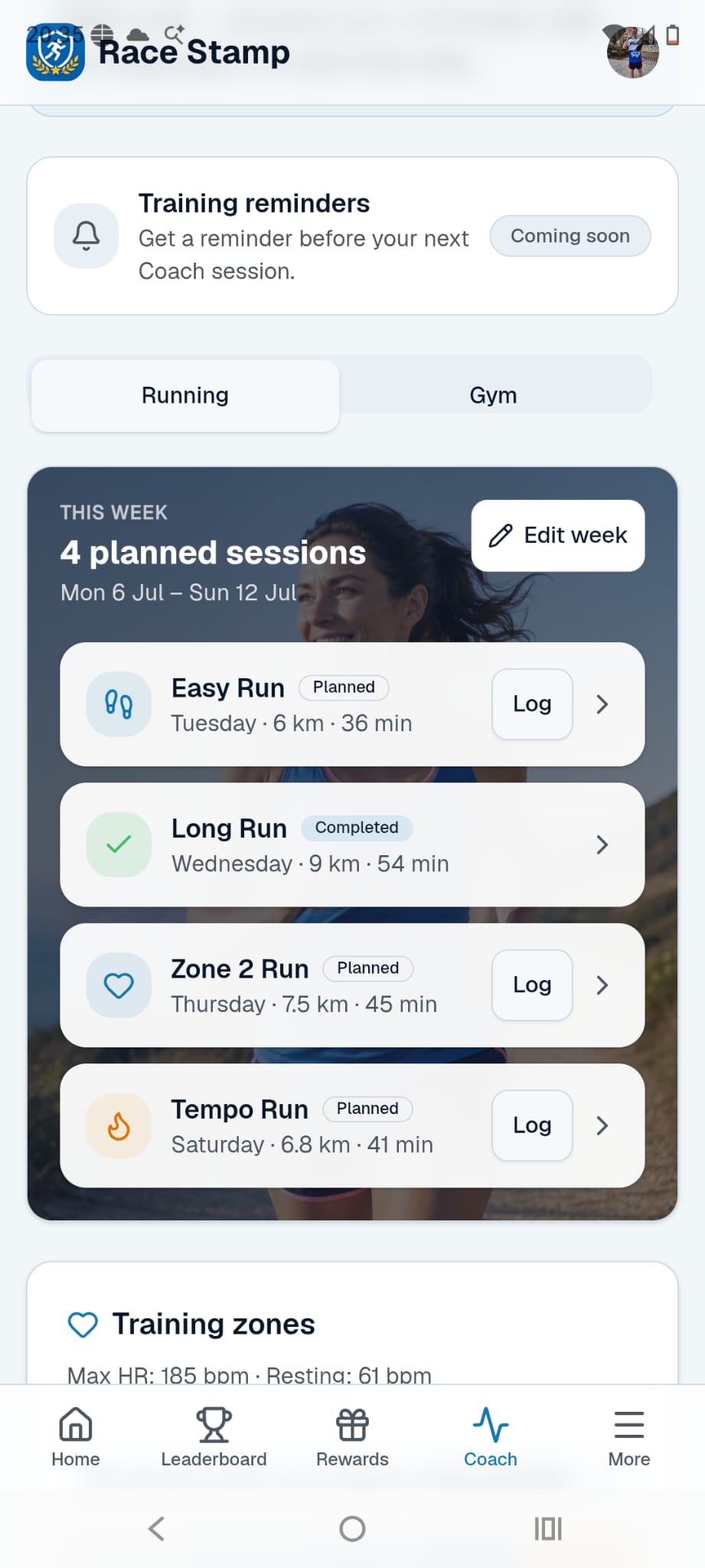 Race Stamp weekly running plan with planned and completed sessions